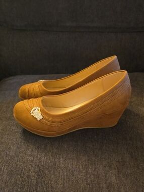 Vittorio D'Firenze Brown Suede Wedge Pumps with Rhinestone Accent